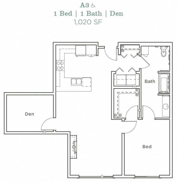 Floor plan for 1 bed, 1 bath, 1020 sqft